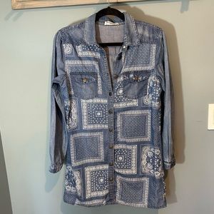 Glamorous Petite Bandana Print Button Up Shirt in Denim